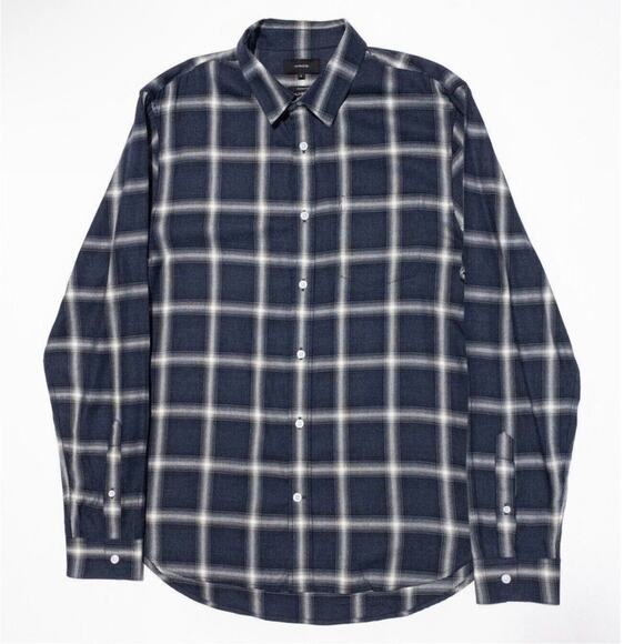 VINCE Navy Plaid Classic Fit Button Down Long Sleeve preppy cotton rayon Size M - Picture 2 of 12